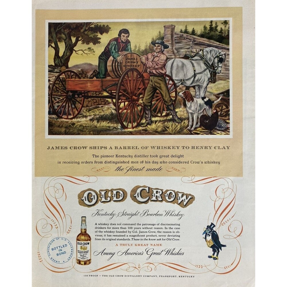Old Crow Whiskey "James Crow Ships a Barrel of Whiskey to Henry Clay" Vtg Ad '51